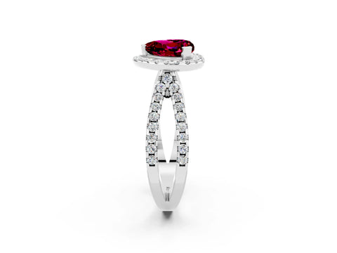 White gold Heart Cut Garnet Halo Ring with Split Shank Pavé Band and Prong Setting_2