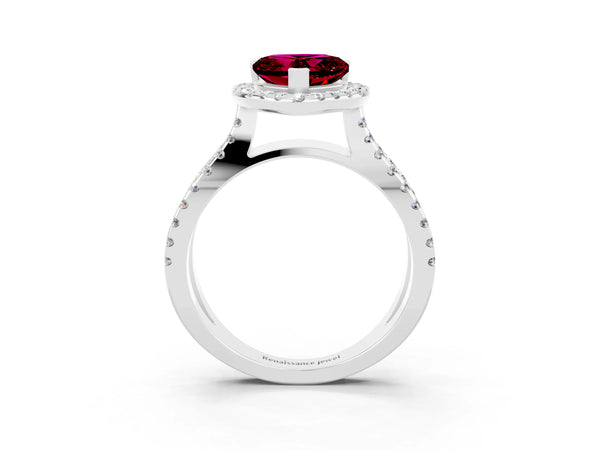 Platinum Heart Cut Garnet Halo Ring with Split Shank Pavé Band and Prong Setting