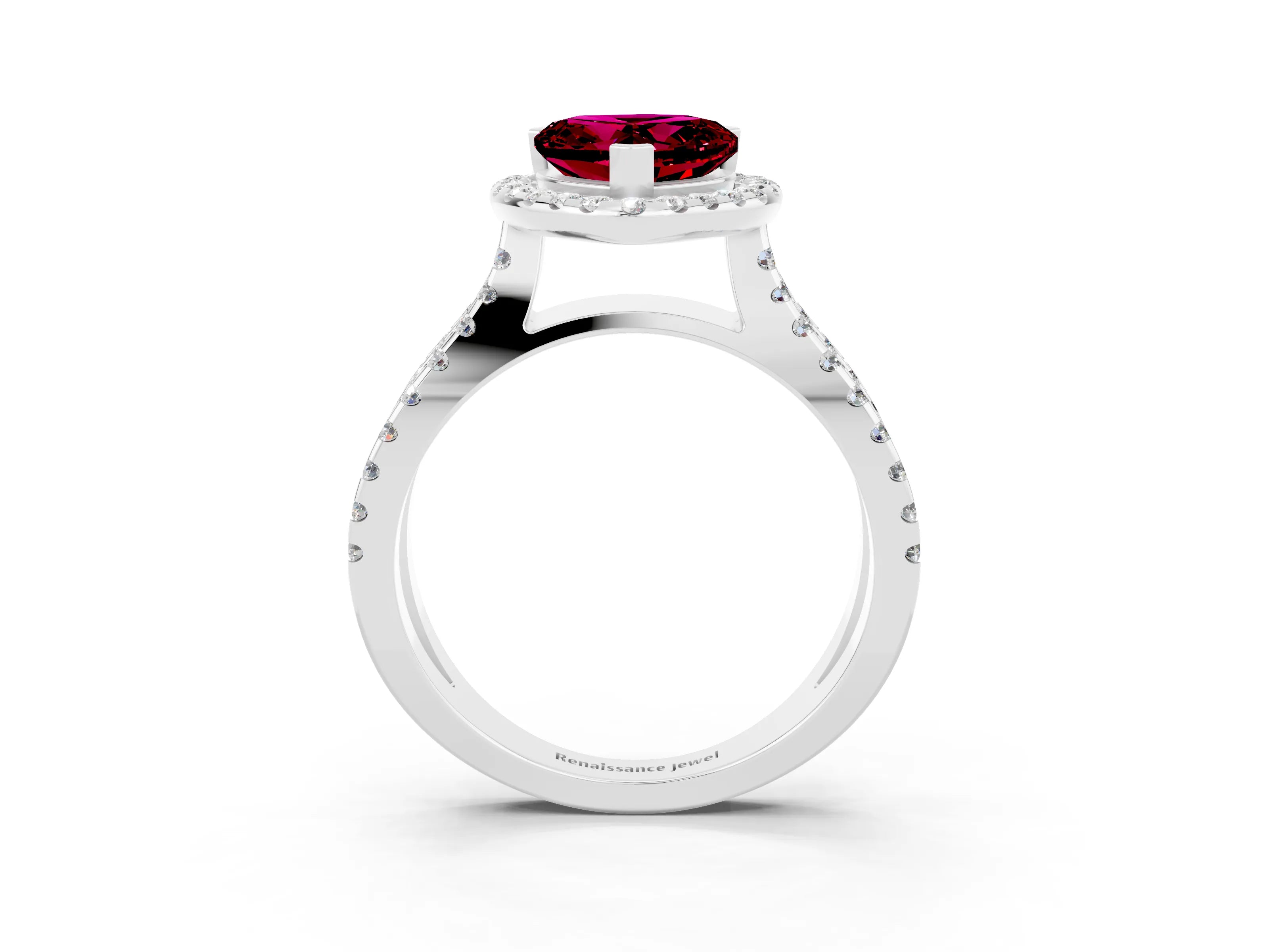 White gold Heart Cut Garnet Halo Ring with Split Shank Pavé Band and Prong Setting_3
