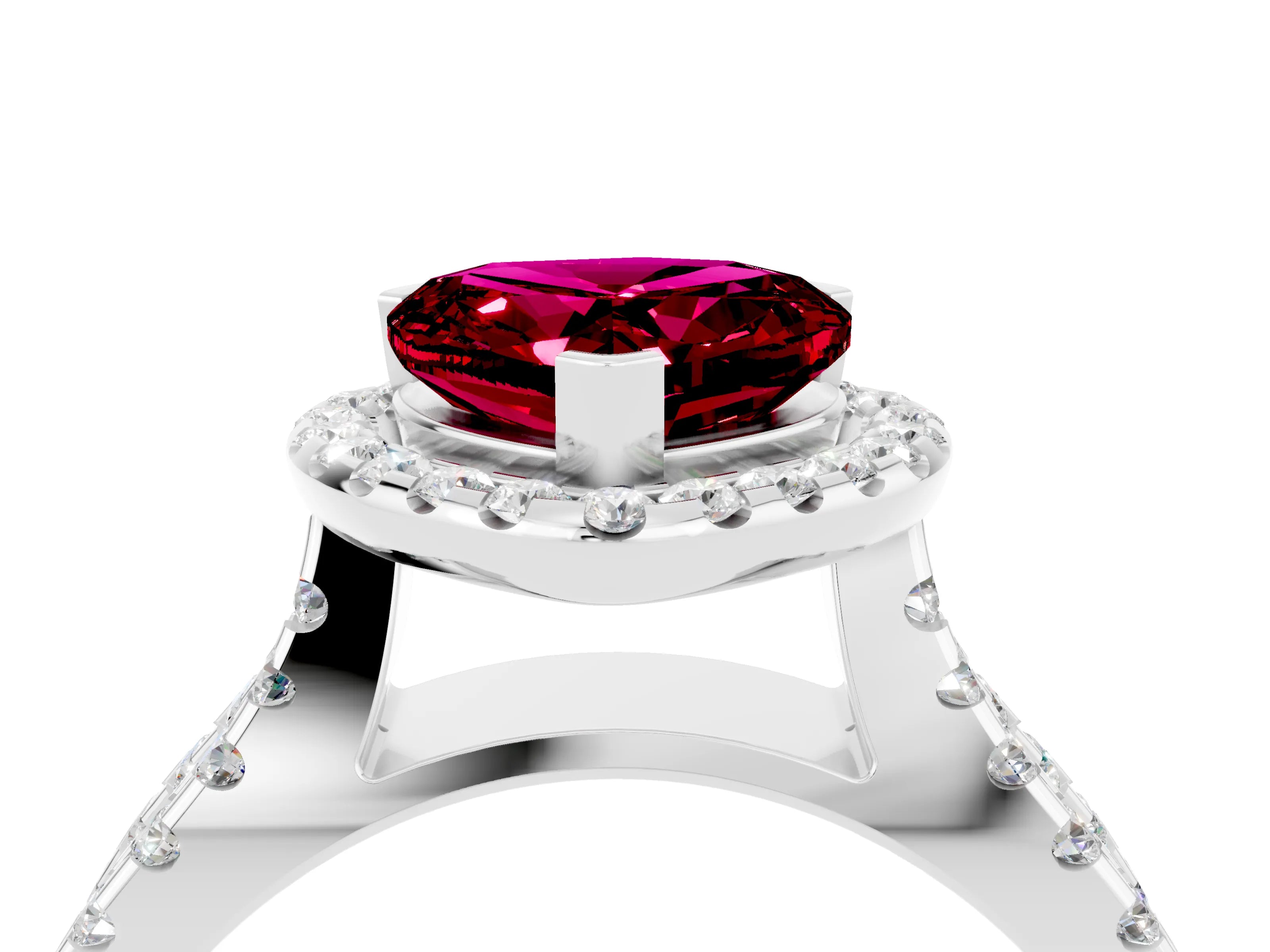 White gold Heart Cut Garnet Halo Ring with Split Shank Pavé Band and Prong Setting_4