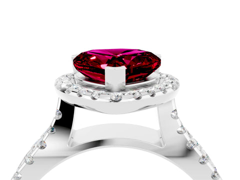 White gold Heart Cut Garnet Halo Ring with Split Shank Pavé Band and Prong Setting_4