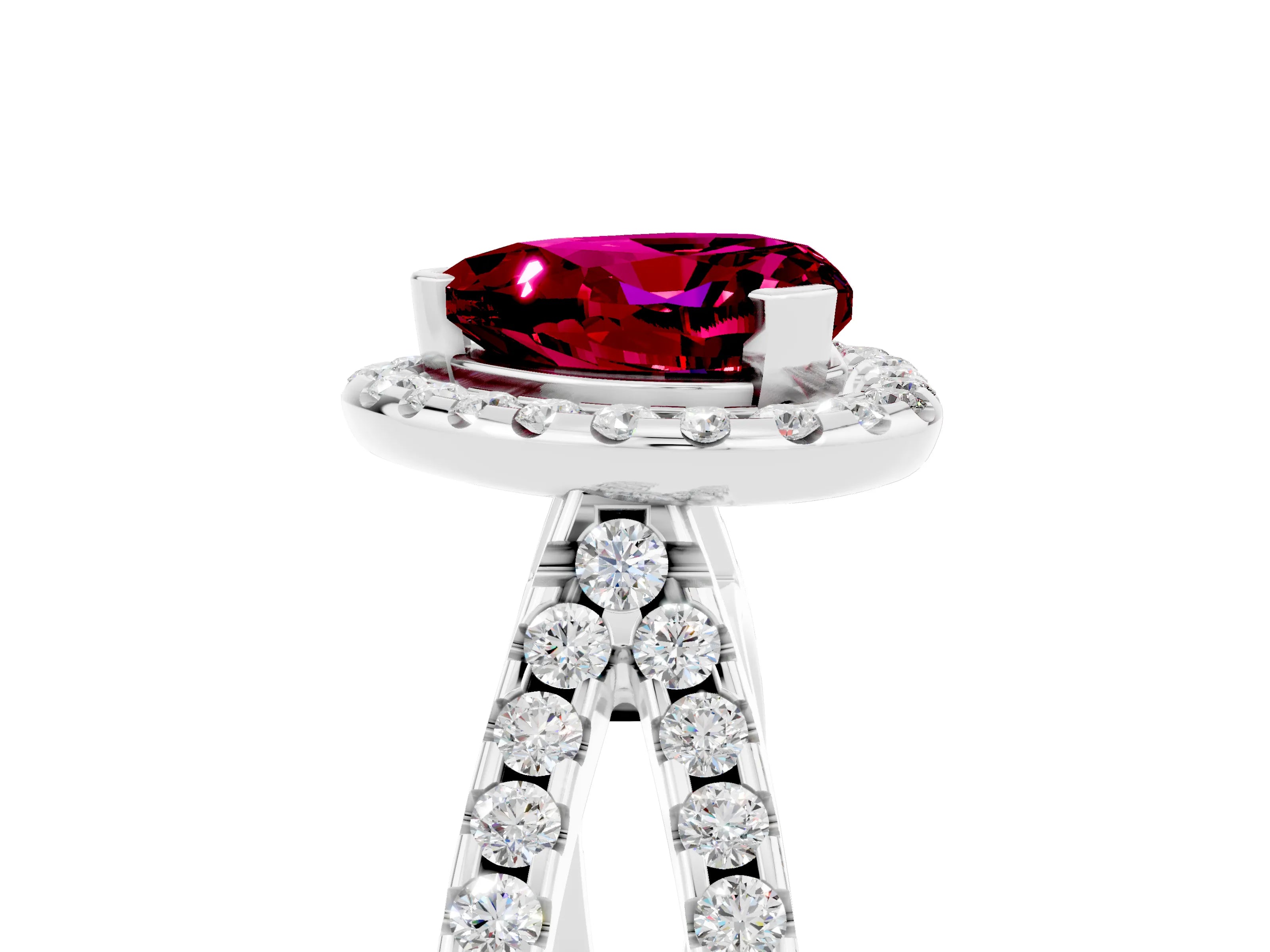 White gold Heart Cut Garnet Halo Ring with Split Shank Pavé Band and Prong Setting_5