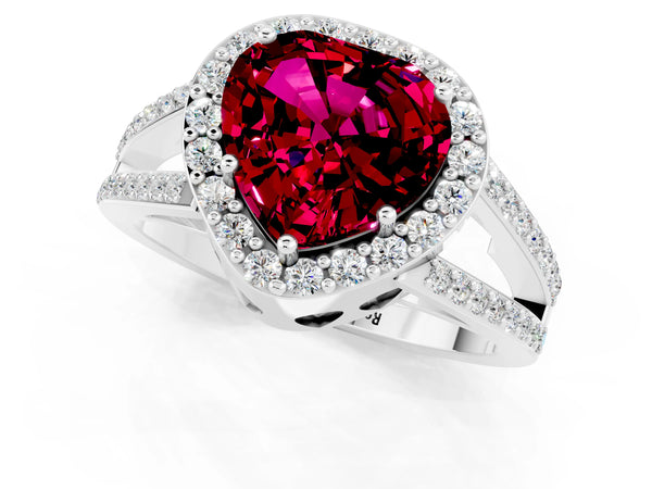 Silver Heart Cut Garnet Halo Ring with Split Shank U-Prong Band and Four-Prong Setting