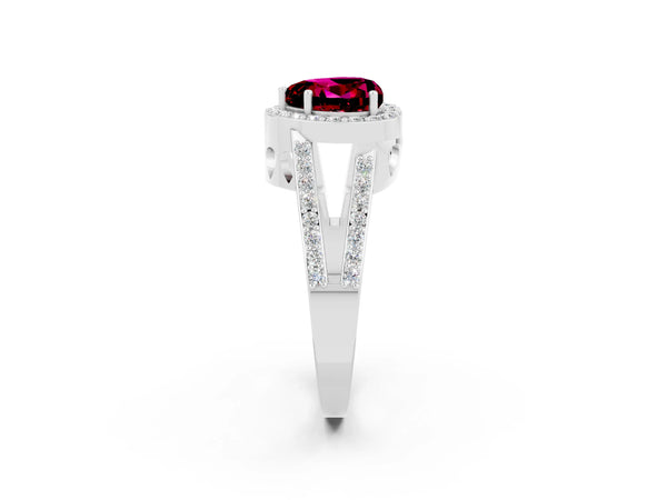 Silver Heart Cut Garnet Halo Ring with Split Shank U-Prong Band and Four-Prong Setting