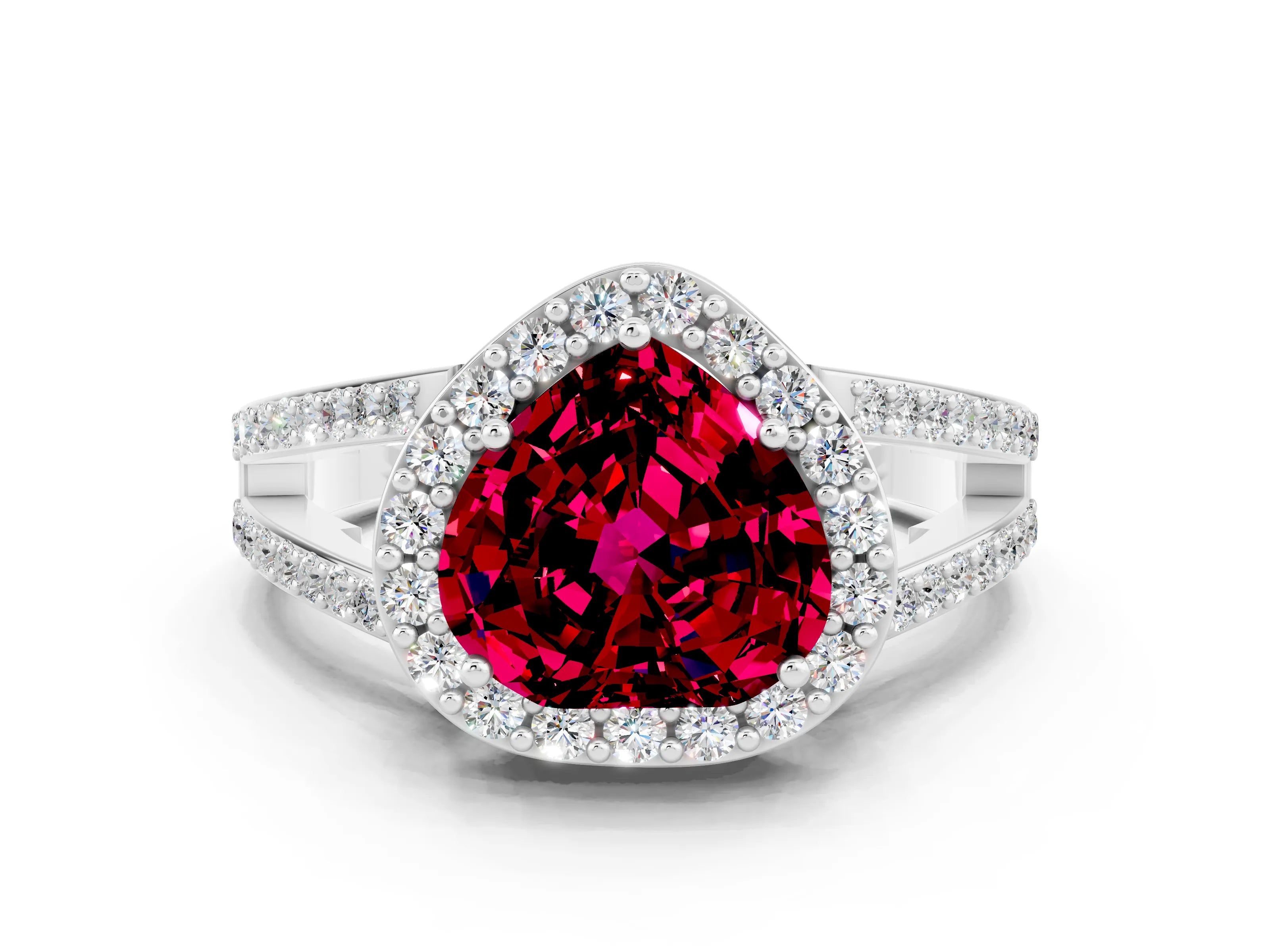 White gold Heart Cut Garnet Halo Ring with Split Shank U-Prong Band and Four-Prong Setting
