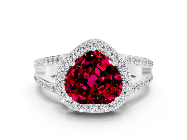 Silver Heart Cut Garnet Halo Ring with Split Shank U-Prong Band and Four-Prong Setting