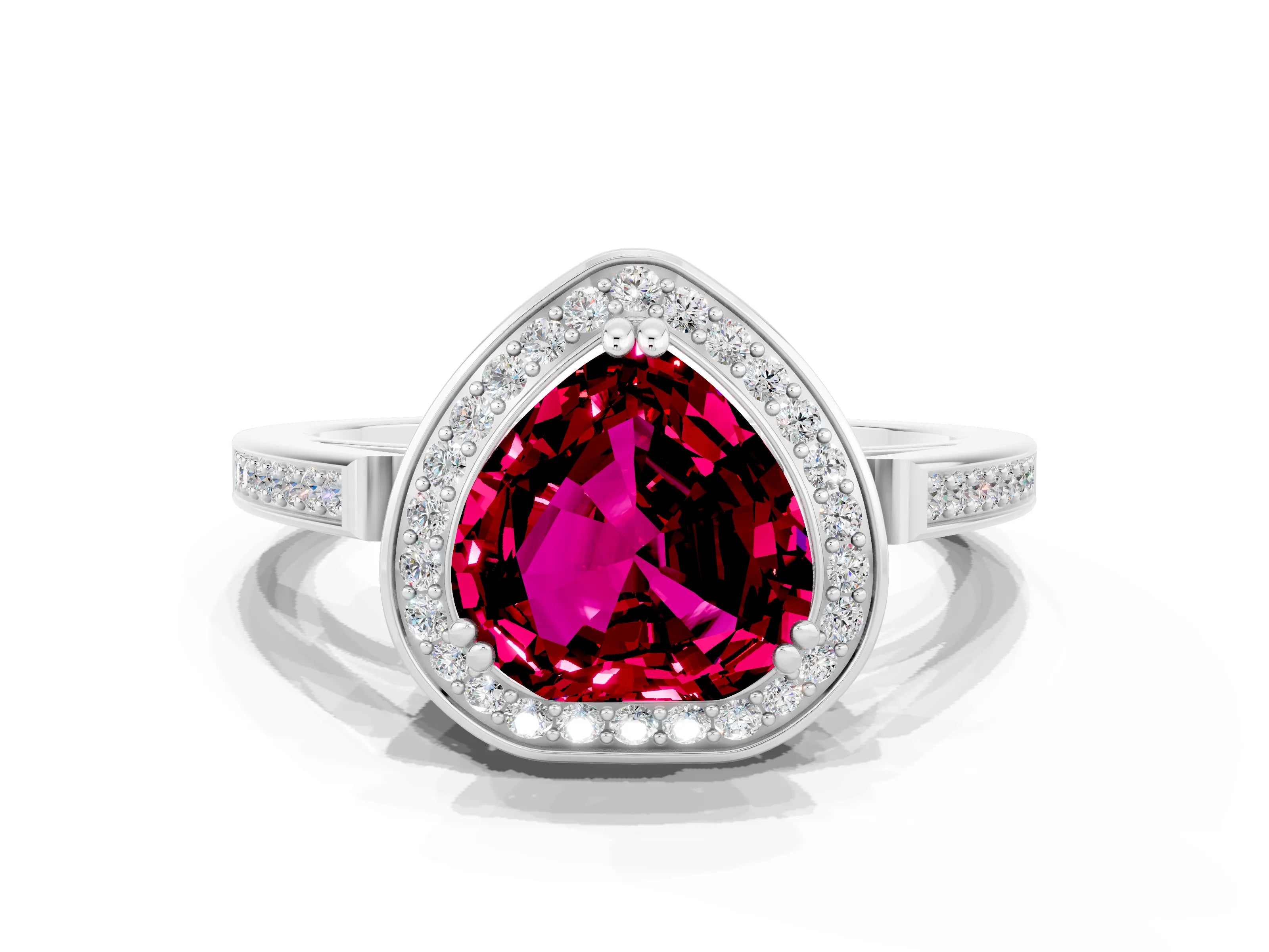 White gold Heart Cut Garnet Halo Ring with Split Shank and Four-Prong Setting_12
