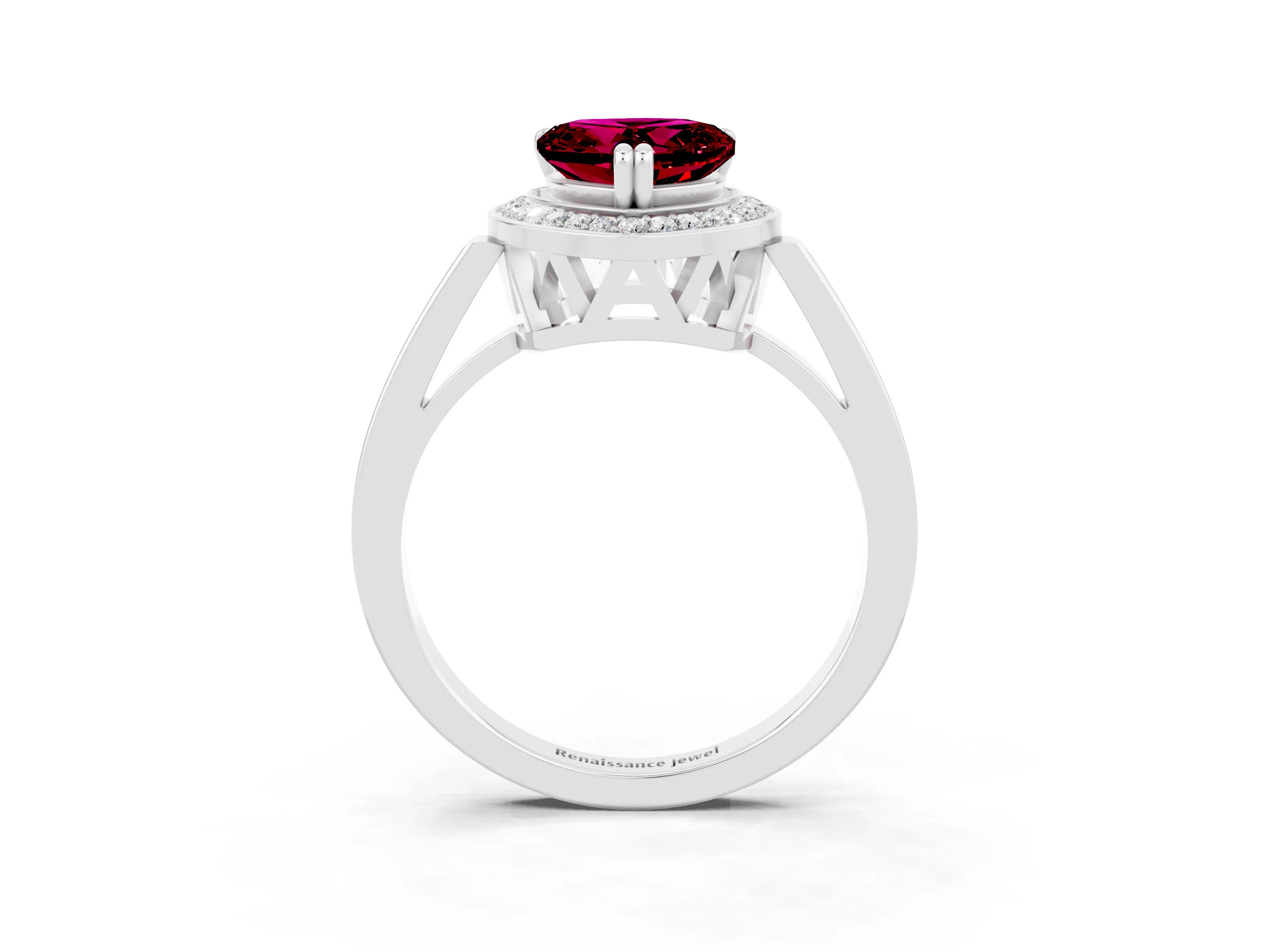 White gold Heart Cut Garnet Halo Ring with Split Shank and Four-Prong Setting_15