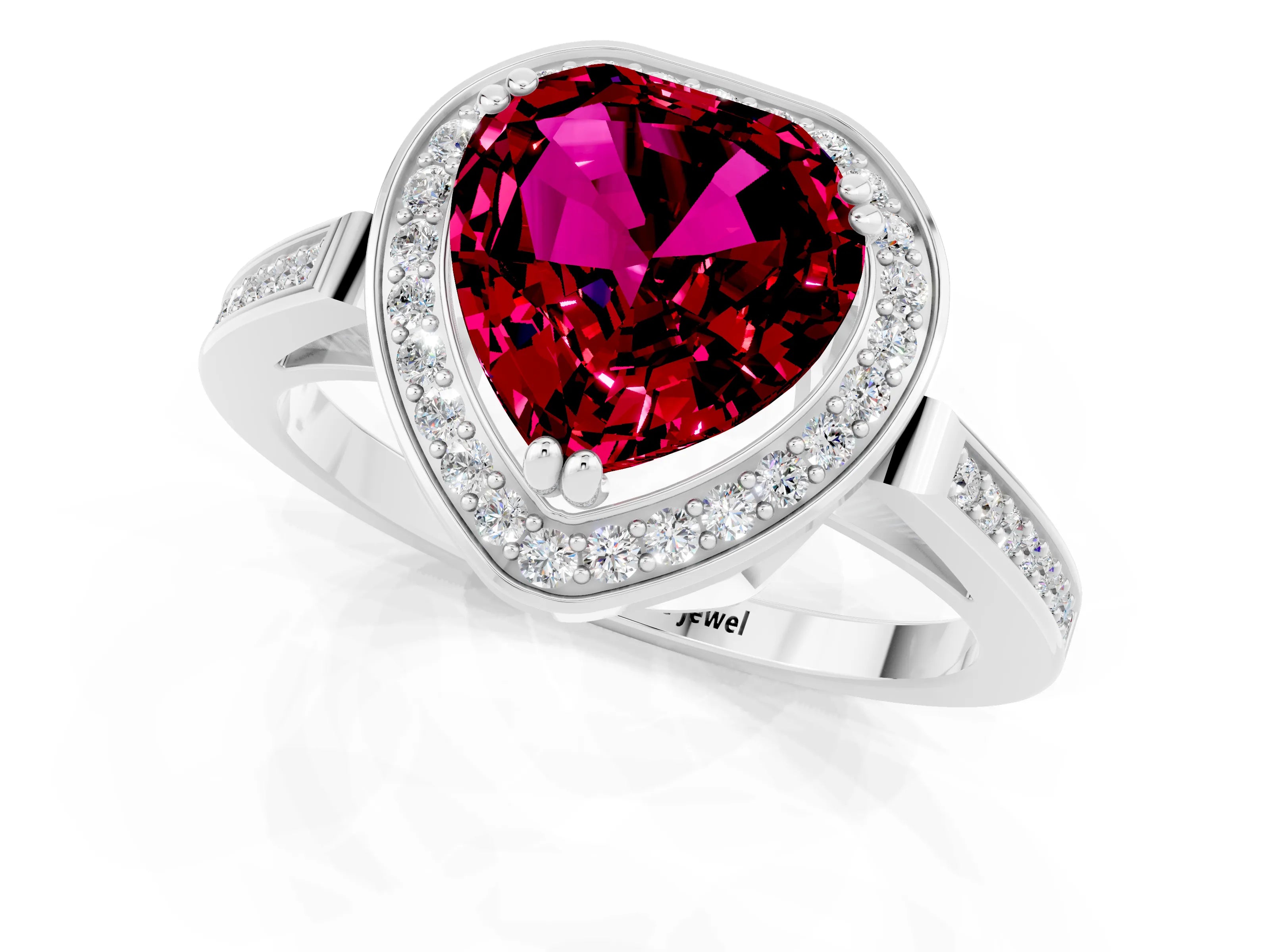 White gold Heart Cut Garnet Halo Ring with Split Shank and Four-Prong Setting_1