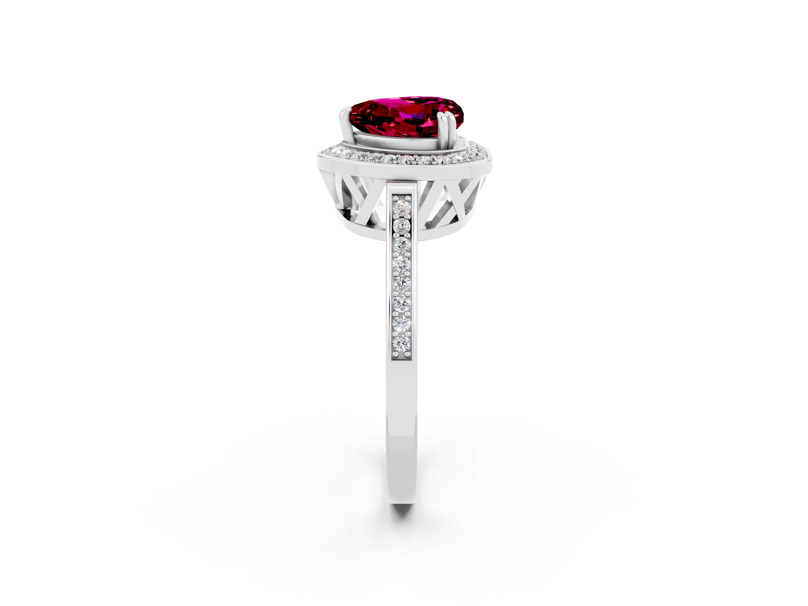 White gold Heart Cut Garnet Halo Ring with Split Shank and Four-Prong Setting_2