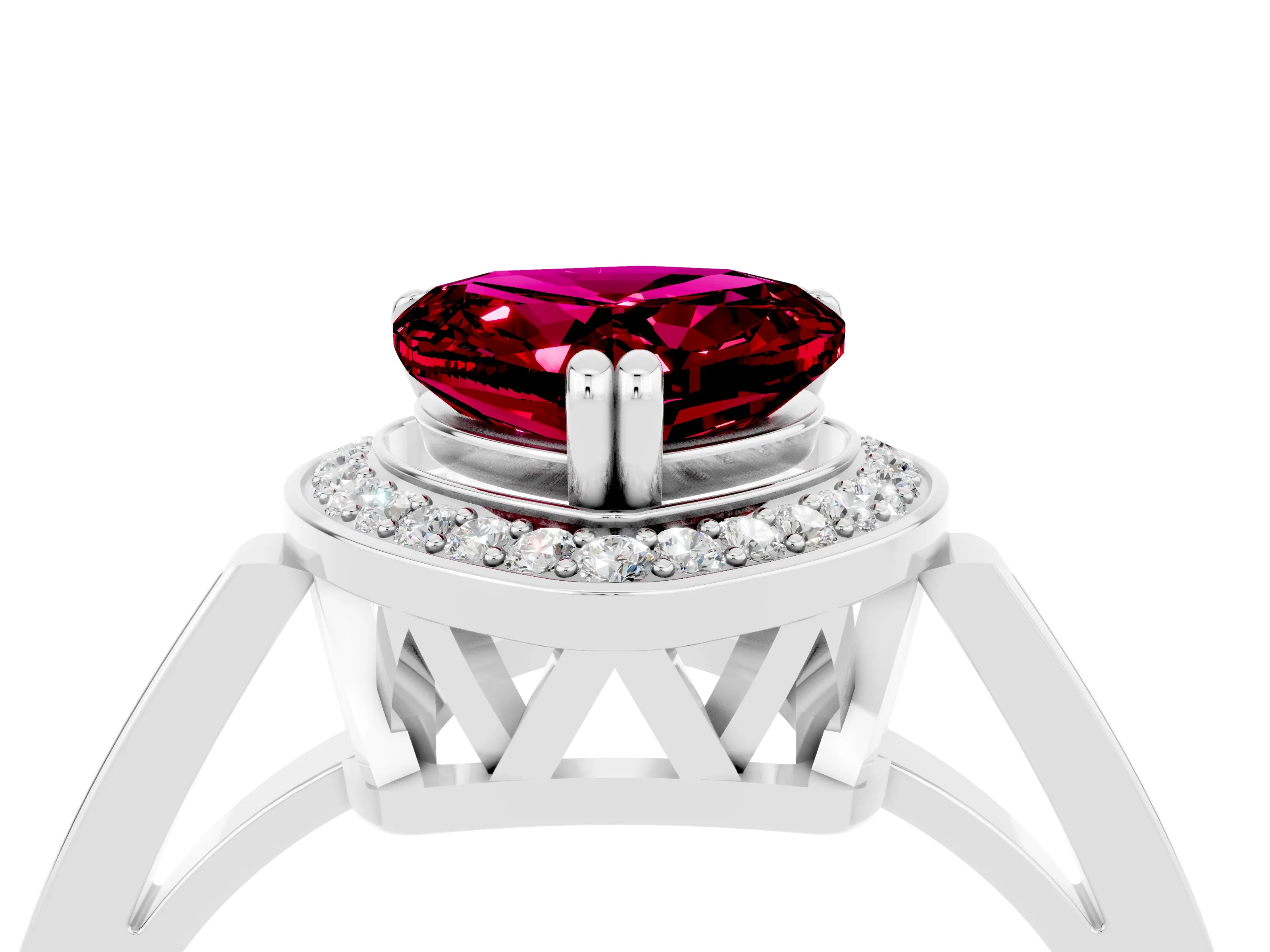 White gold Heart Cut Garnet Halo Ring with Split Shank and Four-Prong Setting_4