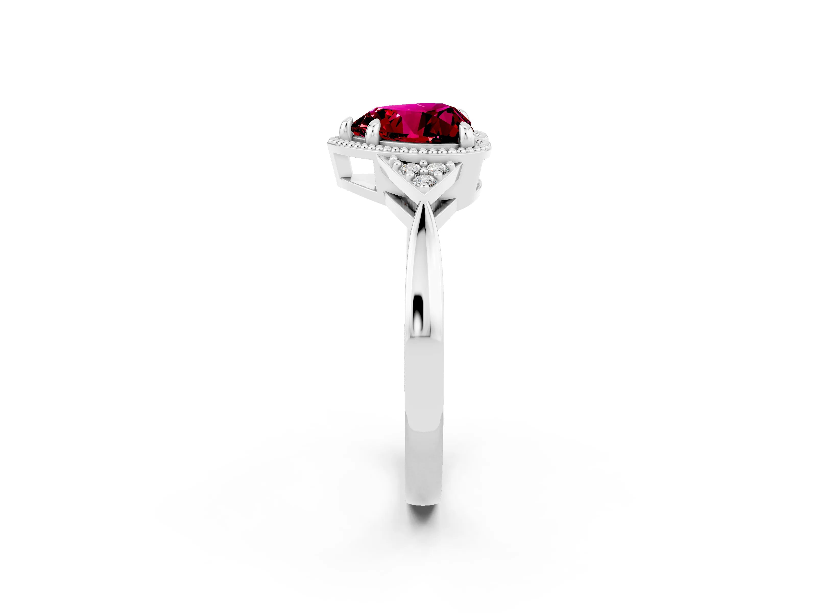 White gold Heart Cut Garnet Halo Ring with Tapered Band and Four-Prong Setting_2