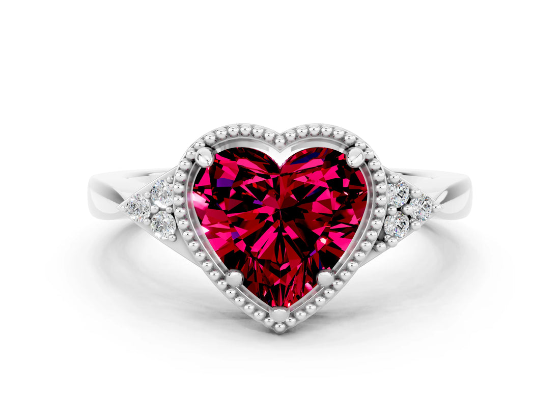 White gold Heart Cut Garnet Halo Ring with Tapered Band and Four-Prong Setting