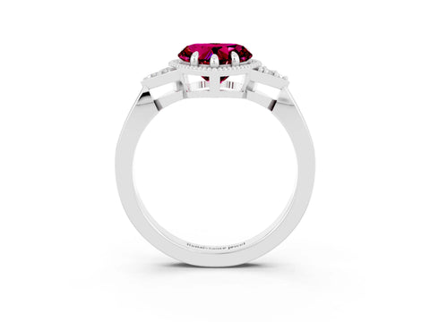 White gold Heart Cut Garnet Halo Ring with Tapered Band and Four-Prong Setting_3
