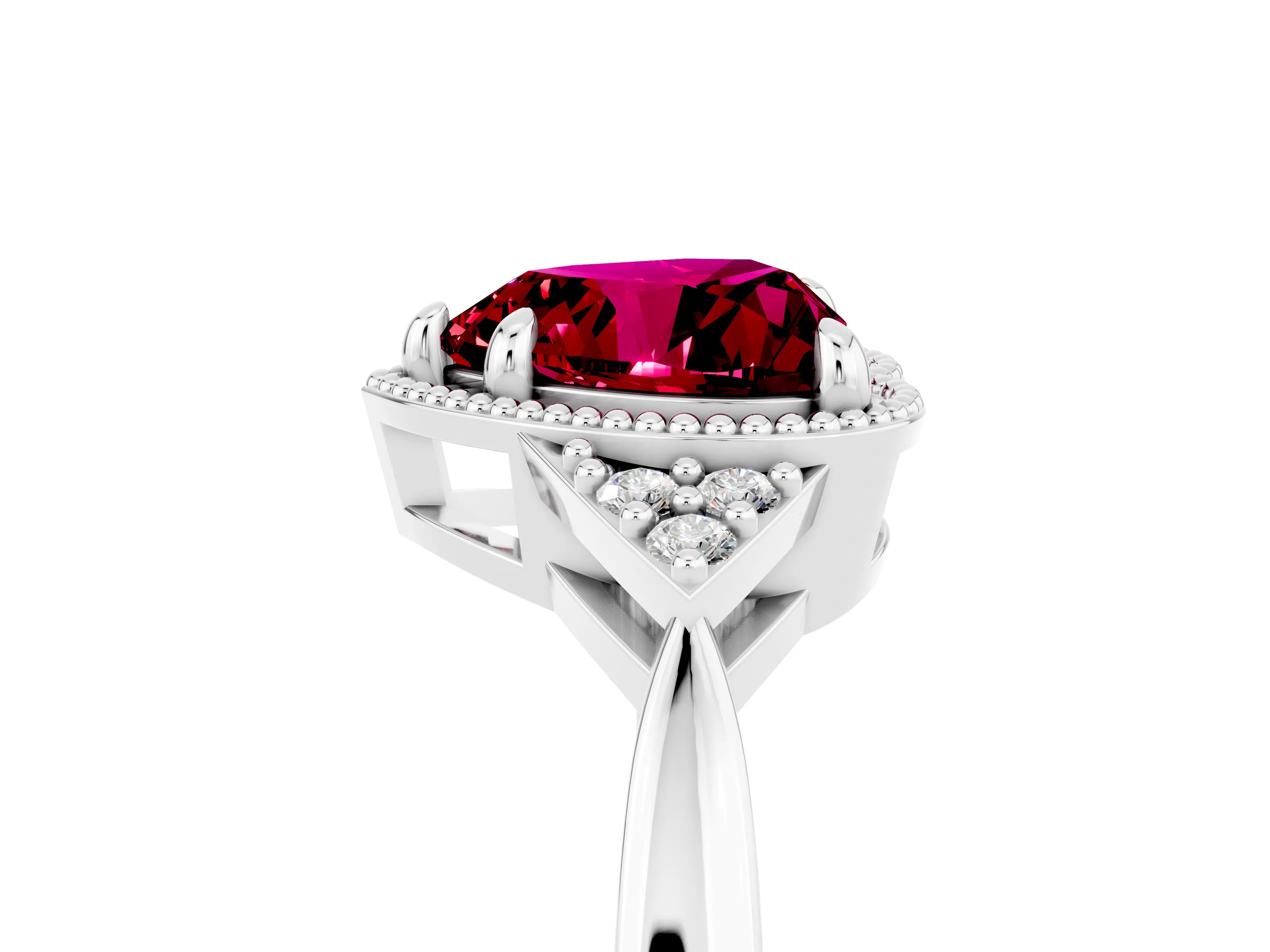 White gold Heart Cut Garnet Halo Ring with Tapered Band and Four-Prong Setting_5