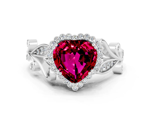 Silver Heart Cut Garnet Halo Ring with Vintage Split Shank and Four-Prong Setting