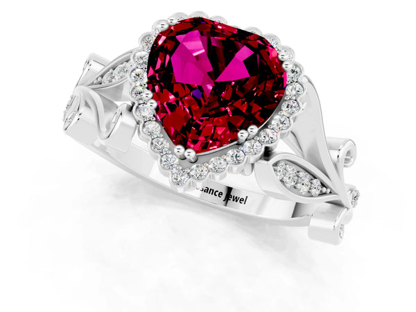 Silver Heart Cut Garnet Halo Ring with Vintage Split Shank and Four-Prong Setting