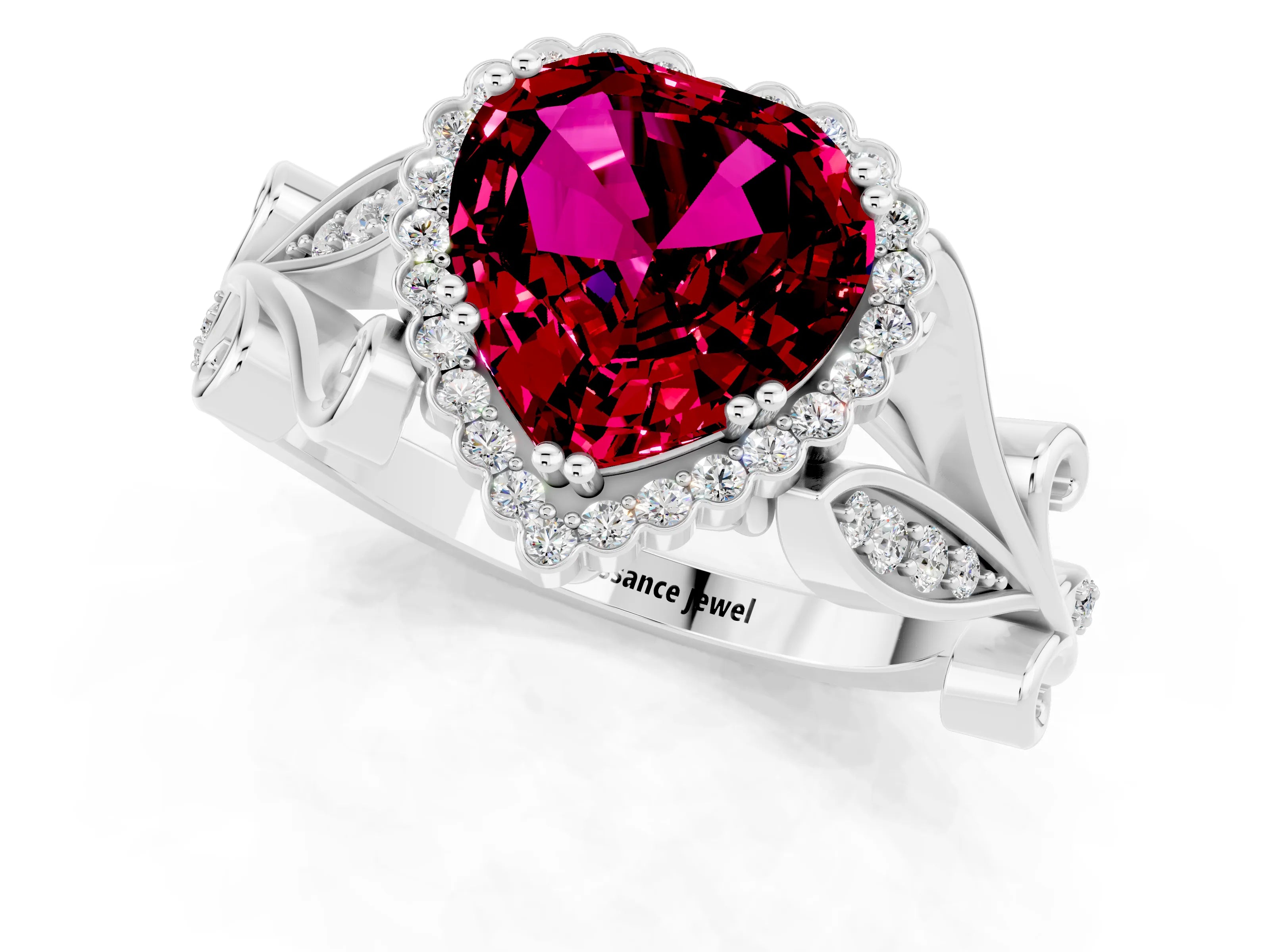 White gold Heart Cut Garnet Halo Ring with Vintage Split Shank and Four-Prong Setting_25