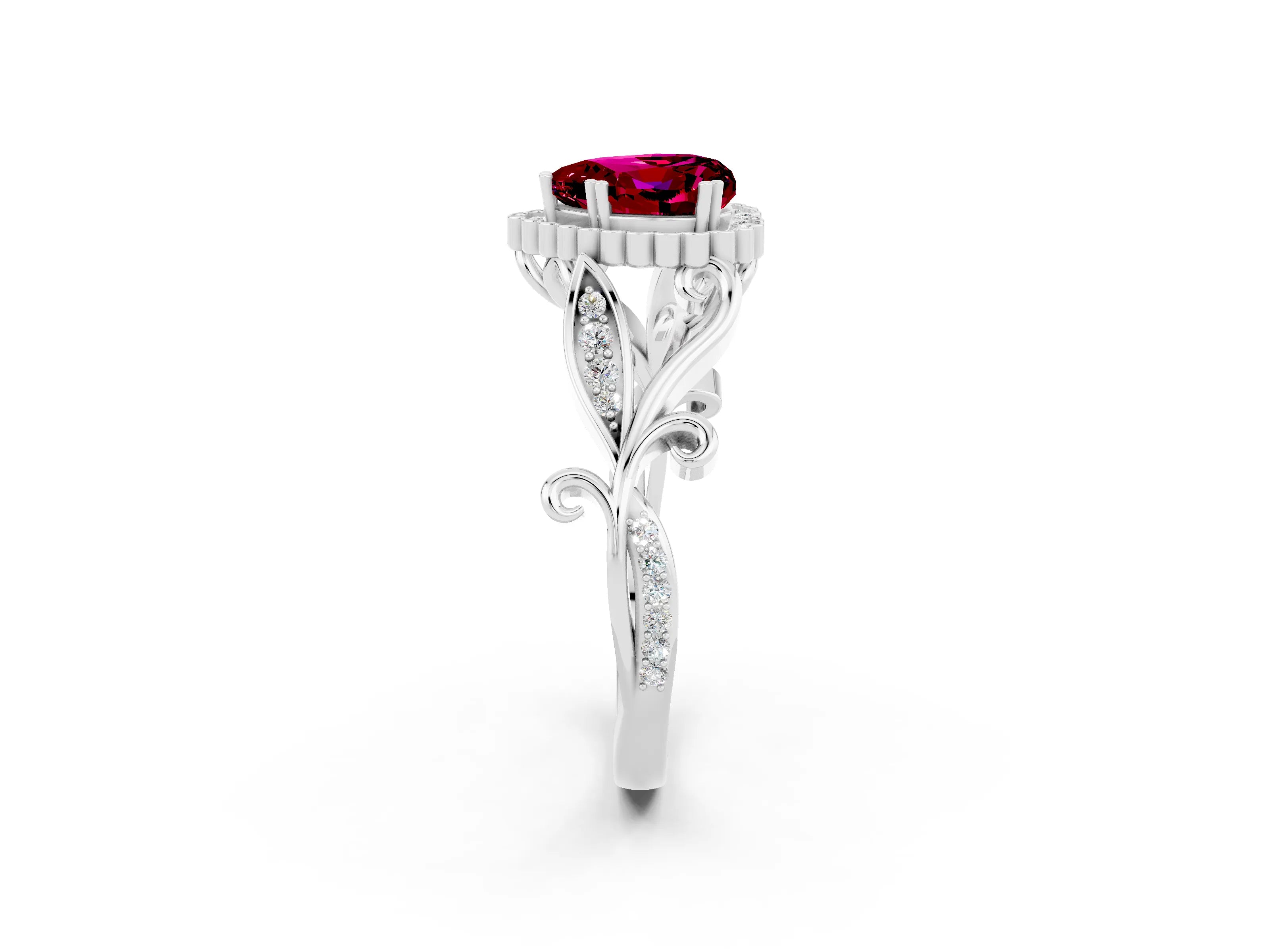 White gold Heart Cut Garnet Halo Ring with Vintage Split Shank and Four-Prong Setting_26