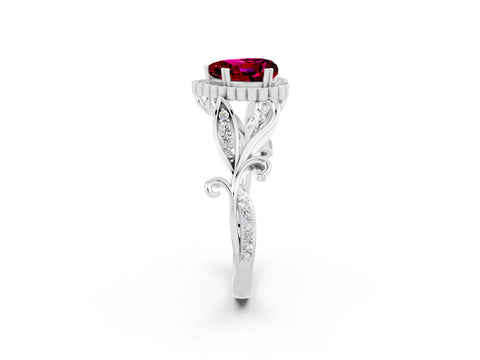 White gold Heart Cut Garnet Halo Ring with Vintage Split Shank and Four-Prong Setting_26