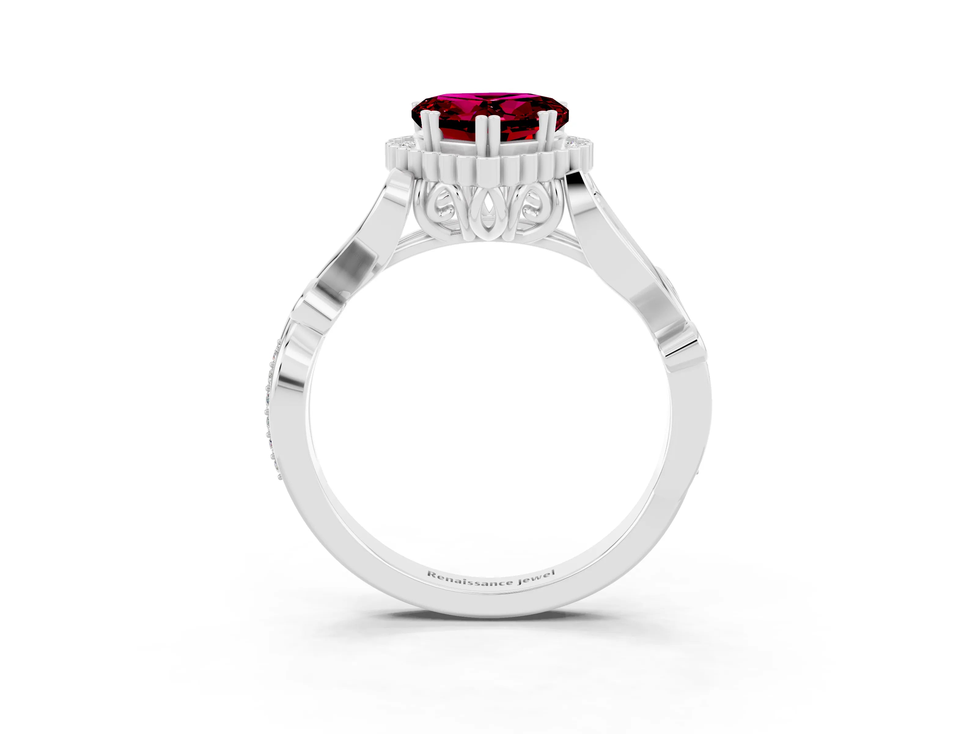 White gold Heart Cut Garnet Halo Ring with Vintage Split Shank and Four-Prong Setting_27