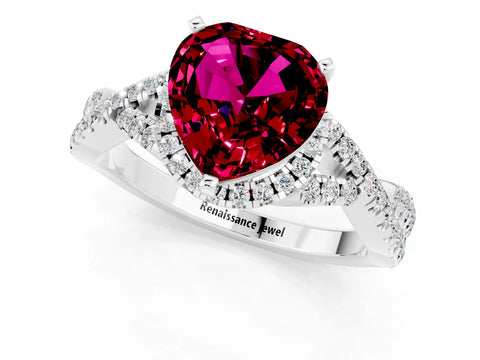 White gold Heart Cut Garnet Halo Twist Band Solitaire Prong Setting Ring_1