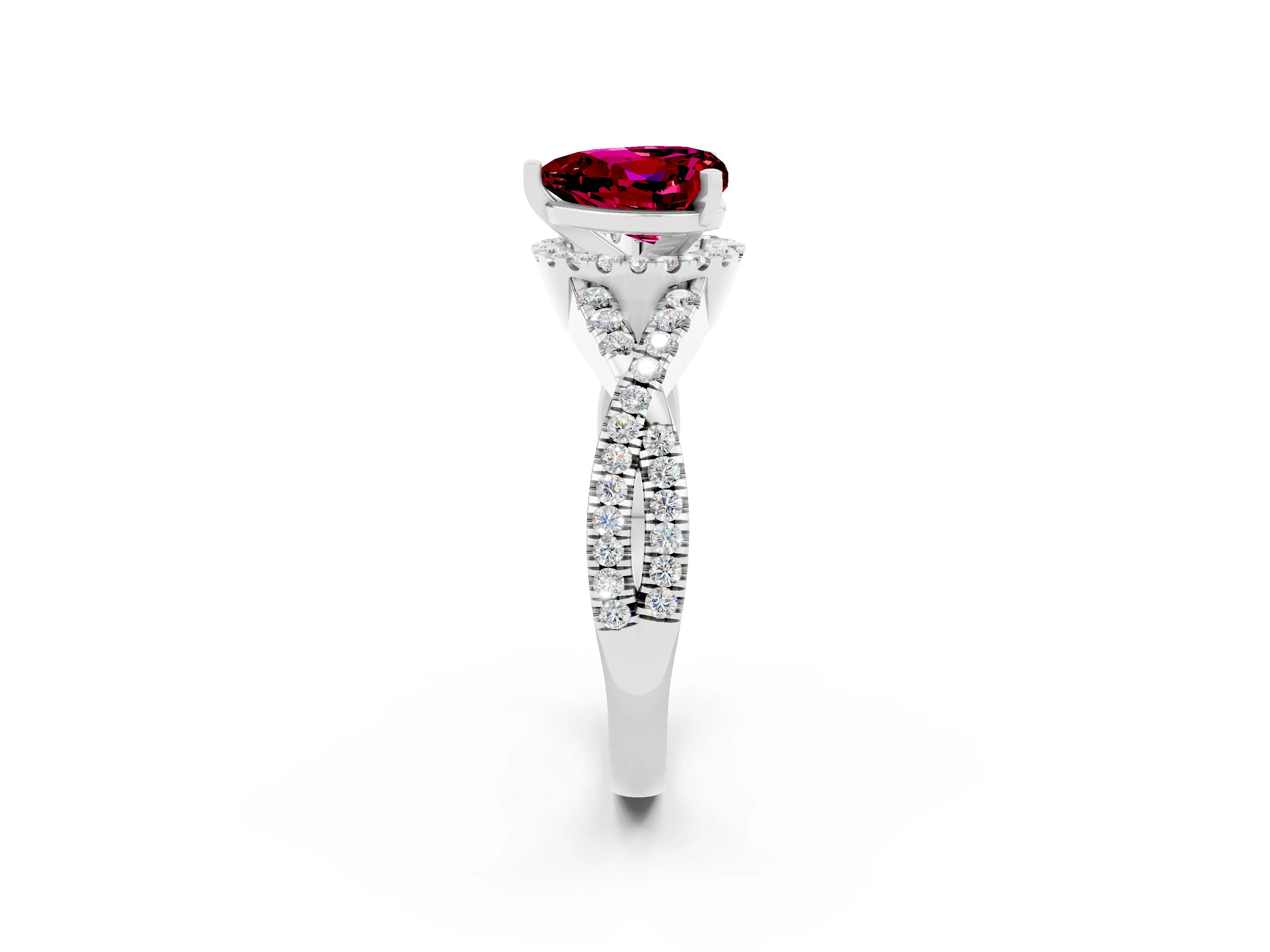 White gold Heart Cut Garnet Halo Twist Band Solitaire Prong Setting Ring_2