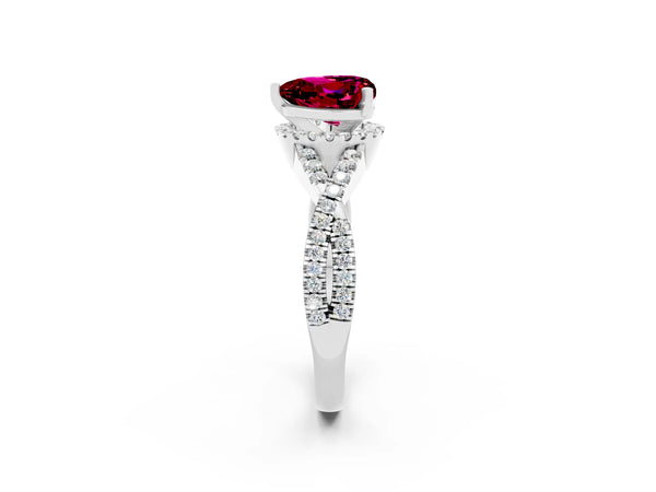 White gold Heart Cut Garnet  Halo Twist Band Solitaire Prong Setting Ring