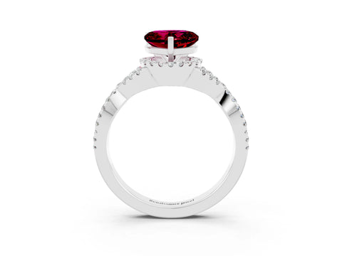 White gold Heart Cut Garnet Halo Twist Band Solitaire Prong Setting Ring_3