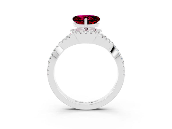 White gold Heart Cut Garnet  Halo Twist Band Solitaire Prong Setting Ring