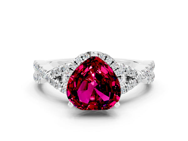 White gold Heart Cut Garnet  Halo Twist Band Solitaire Prong Setting Ring