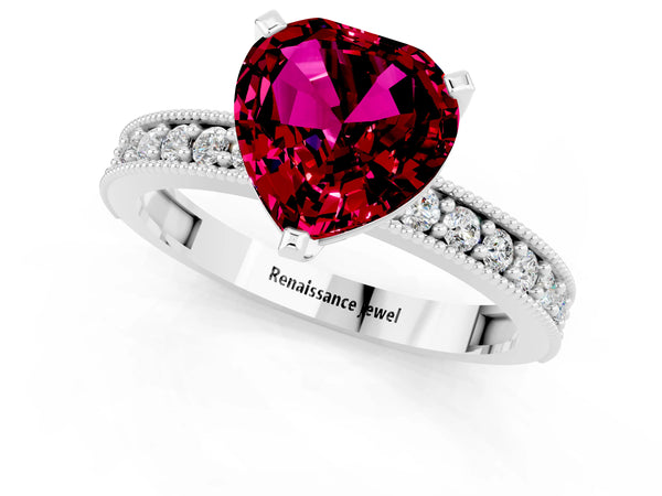 Platinum Heart Cut Garnet Milgrain Pavé Engagement Ring with Four-Prong Setting