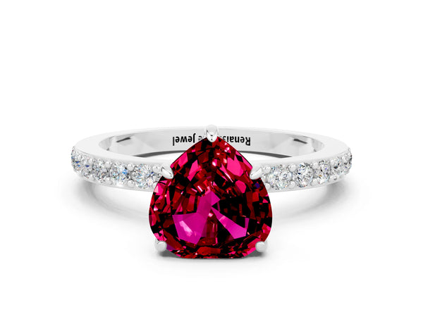 Platinum Heart Cut Garnet Pavé Engagement Ring with Round  Accents and Prong Setting
