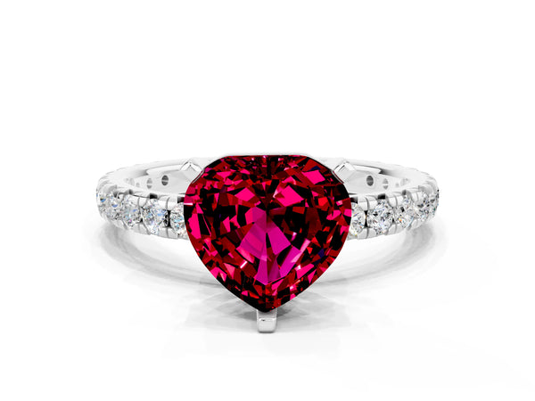 Silver Heart Cut Garnet Pavé Solitaire Ring with Round Band and Prong Setting