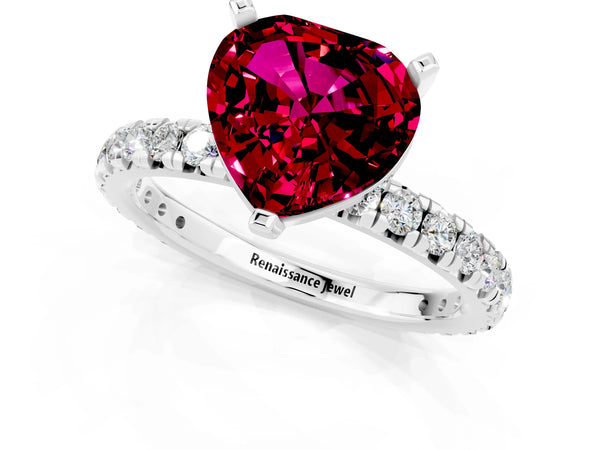 Platinum Heart Cut Garnet Pavé Solitaire Ring with Round Band and Prong Setting