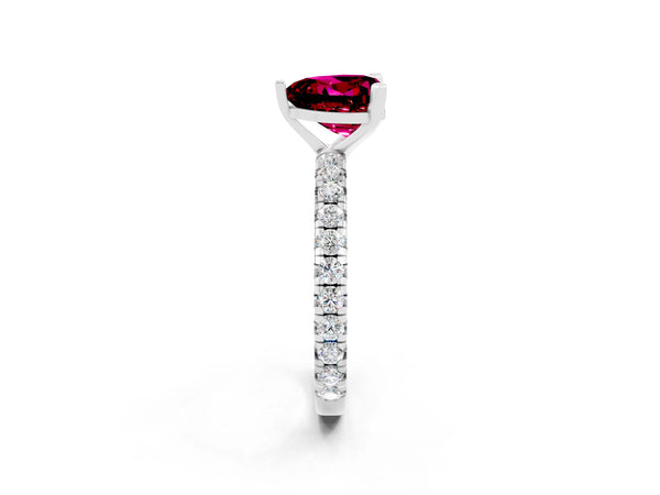 Platinum Heart Cut Garnet Pavé Solitaire Ring with Round Band and Prong Setting