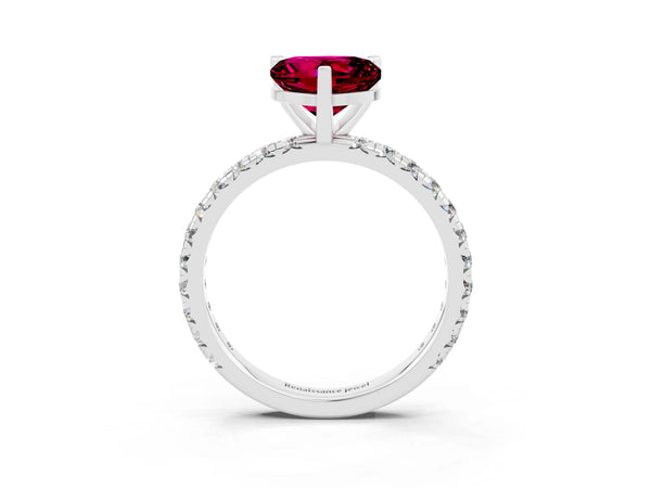 White gold Heart Cut Garnet Pavé Solitaire Ring with Round Band and Prong Setting