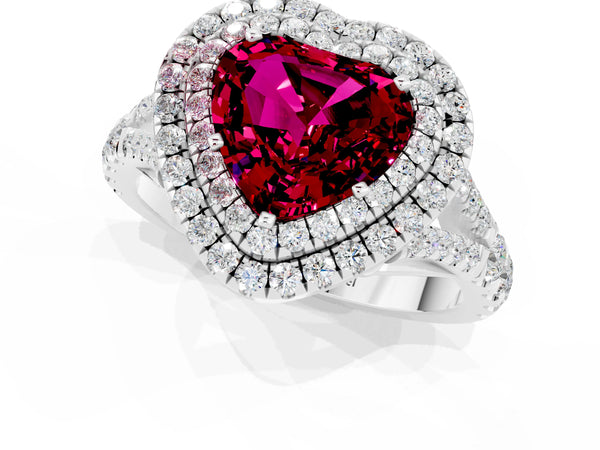 Platinum Heart Cut Garnet Pavé Split Shank Double Halo Engagement Ring