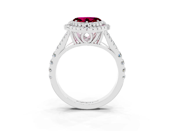White gold Heart Cut Garnet Pavé Split Shank Double Halo Engagement Ring