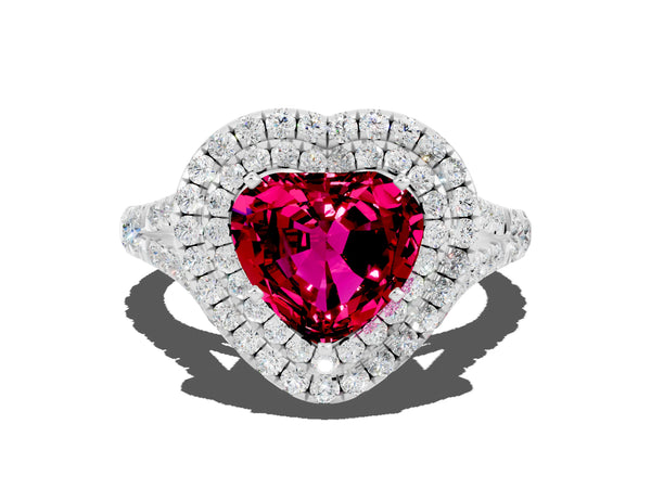 Silver Heart Cut Garnet Pavé Split Shank Double Halo Engagement Ring