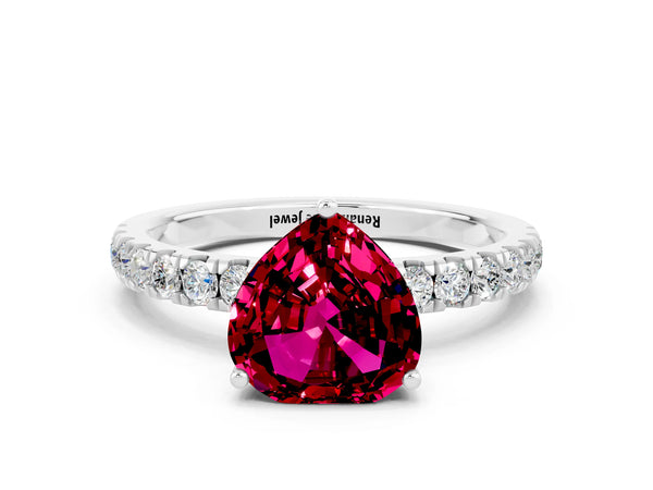 Platinum Heart Cut Garnet Pave Band Solitaire Ring with Round  and Prong Setting