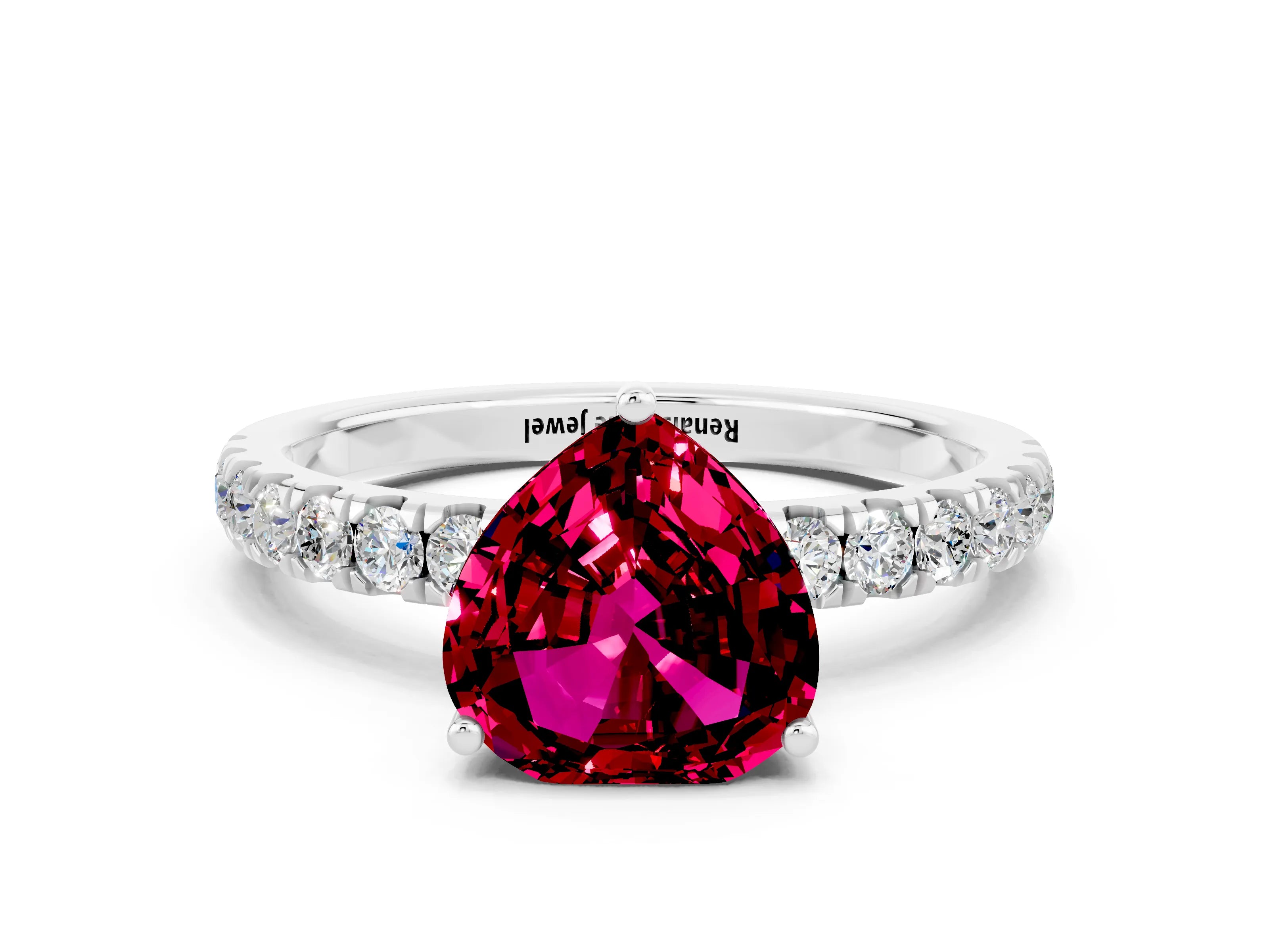 White gold Heart Cut Garnet Pave Band Solitaire Ring with Four-Prong Setting_24