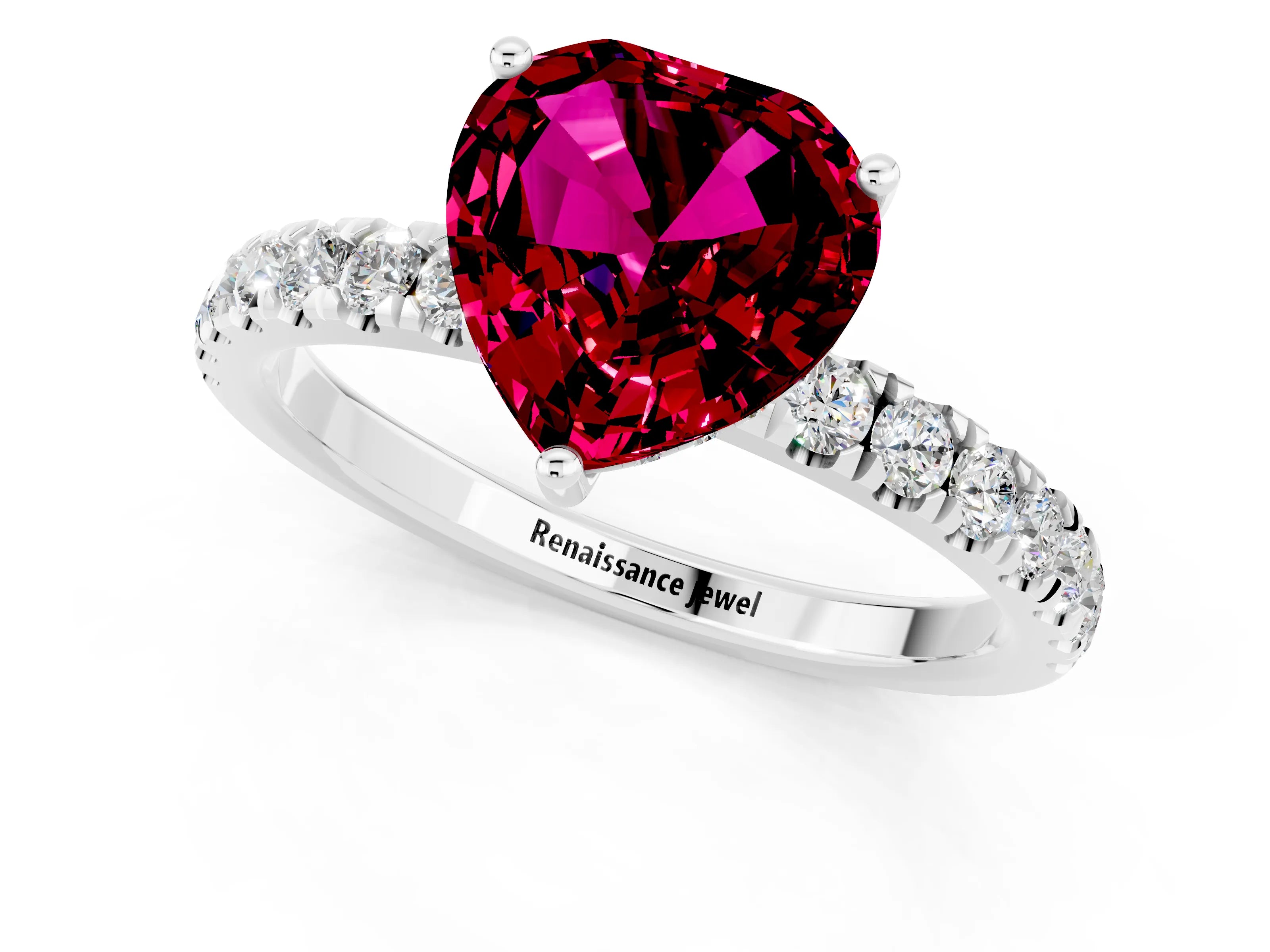 White gold Heart Cut Garnet Pave Band Solitaire Ring with Four-Prong Setting_25