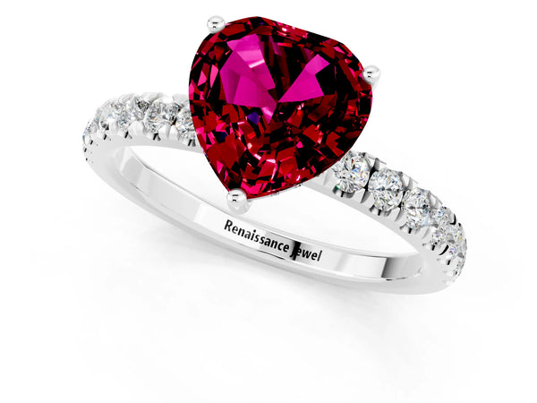 Silver Heart Cut Garnet Pave Band Solitaire Ring with Round  and Prong Setting