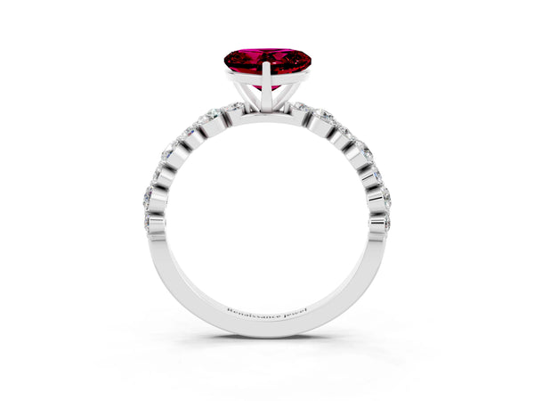 Silver Heart Cut Garnet Prong Set Engagement Ring with Pavé Band