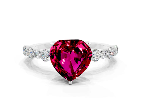 White gold Heart Cut Garnet Prong Set Engagement Ring with Pavé Band