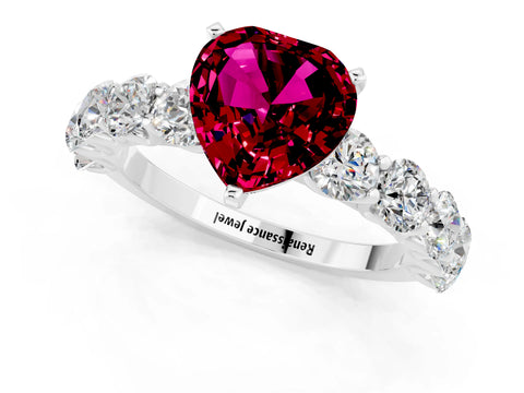 White gold Heart Cut Garnet Prong Setting with Side Stones on a Pave Band_1