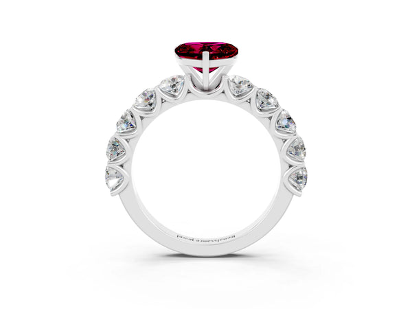Silver Heart Cut Garnet Prong Setting with Side Stones on a Pave Band