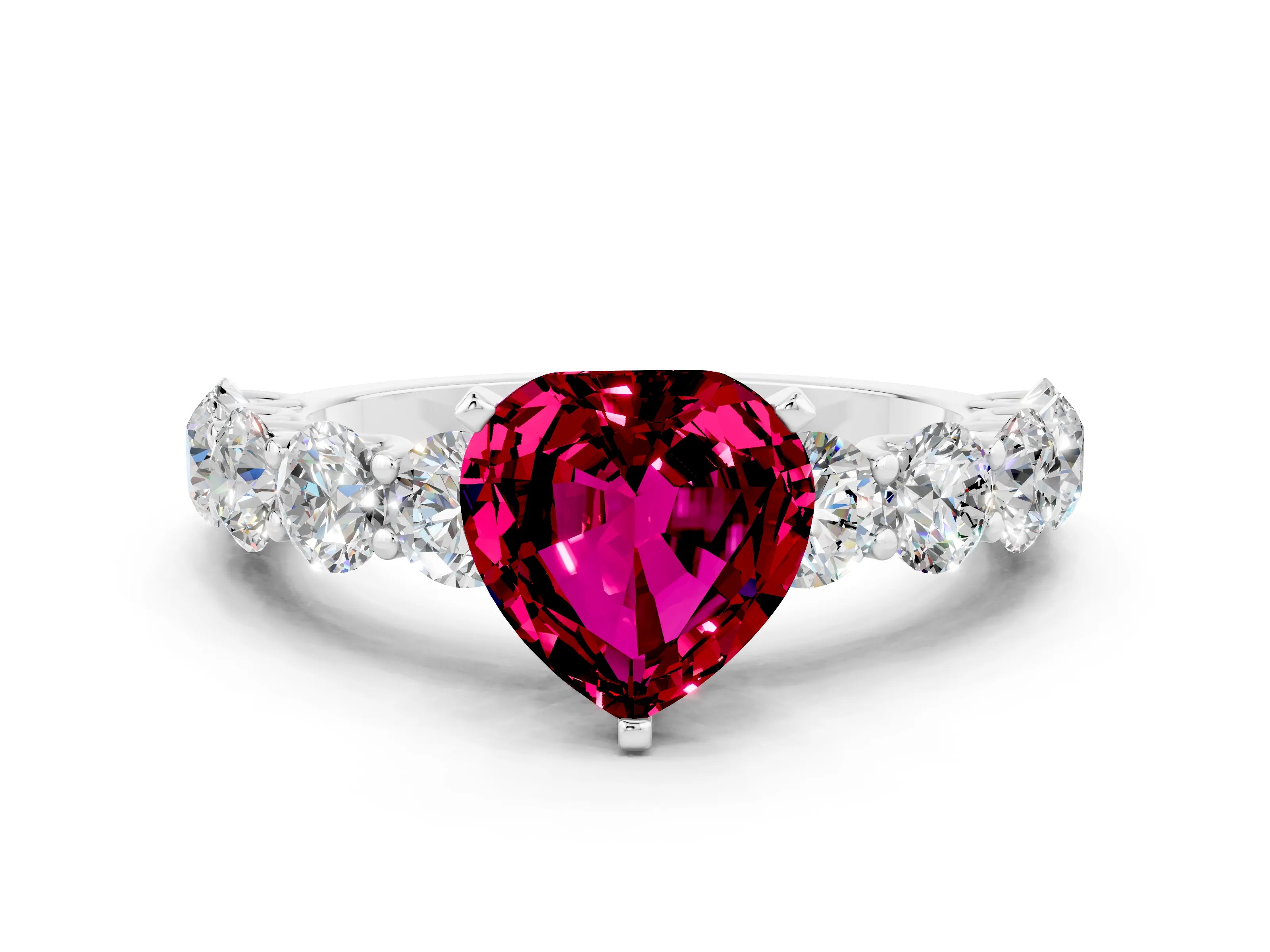 White gold Heart Cut Garnet Prong Setting with Side Stones on a Pave Band