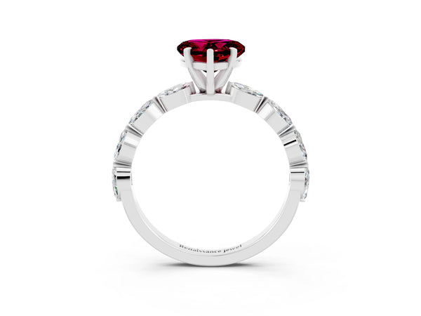 Platinum Heart Cut Garnet Ring with Marquise Side Stones and Prong Setting